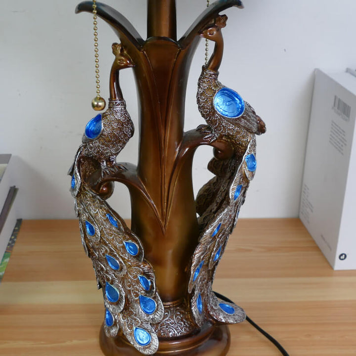 Traditional Tiffany Stained Glass Resin Dome Peacock Base 2-Light Table Lamp For Bedroom