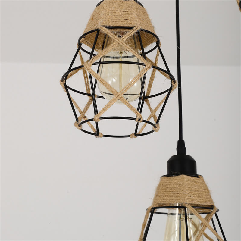 Nostalgic Industrial Iron Diamond Shape Hemp Rope Weaving 1/3-Light Island Light Chandelier