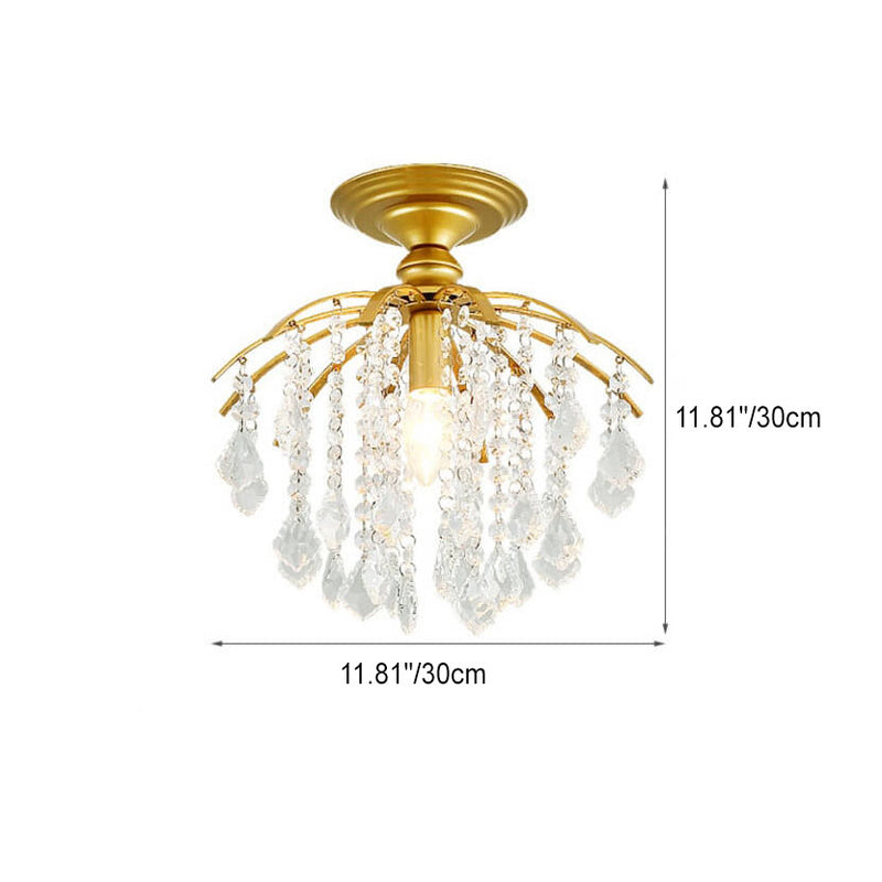 Scandinavian Modern Round Iron Crystal 1-Light Semi-Flush Mount Ceiling Light