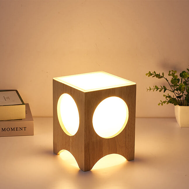 Japanese Harajuku Solid Wood Hollow Pattern Cube Acrylic 1-Light Table Lamp