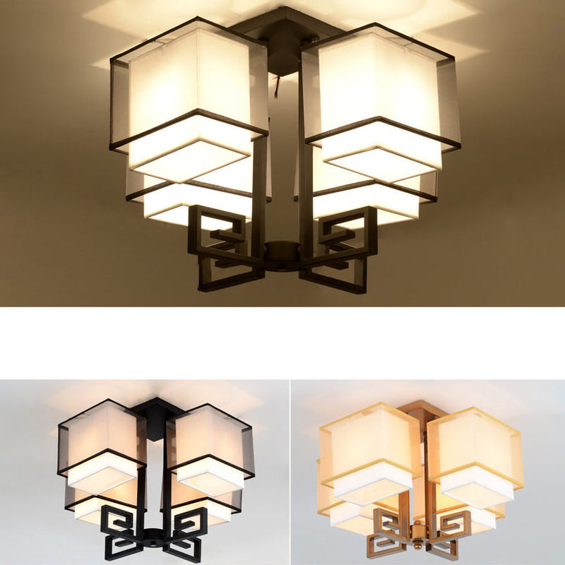 Modern Chinese Fabric Square Geometric Hardware 4-Light Semi-Flush Mount Ceiling Light