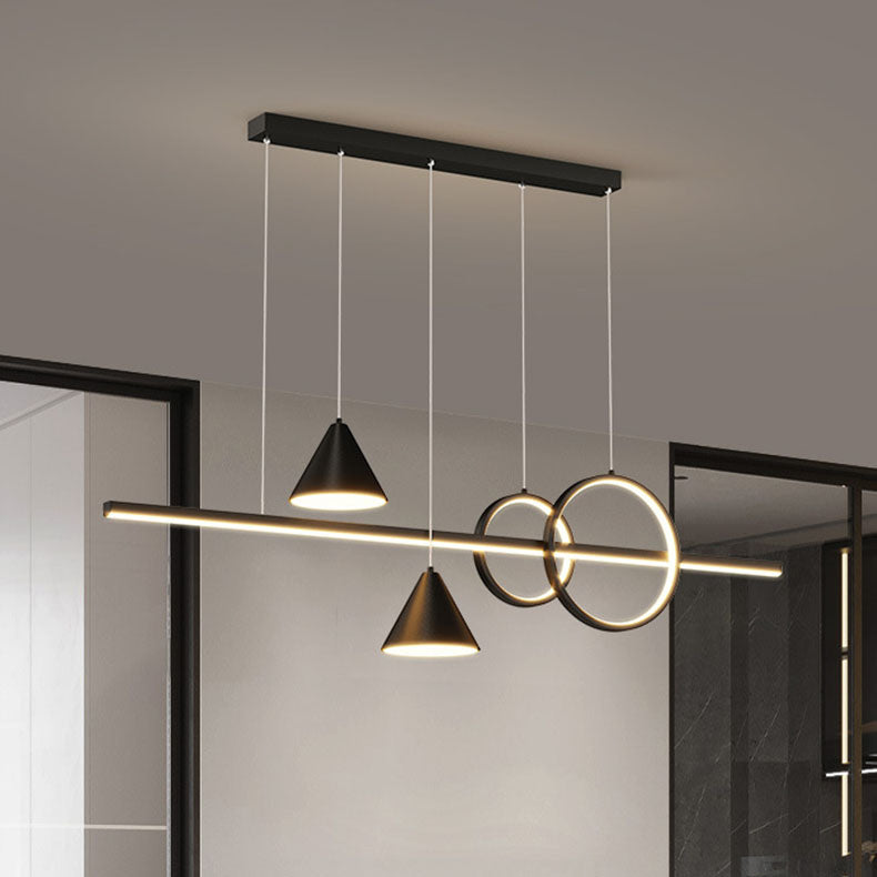 Moderne minimalistische Streifen Kegel Kreis Eisen Acryl LED Kronleuchter Insel Licht für Esszimmer 