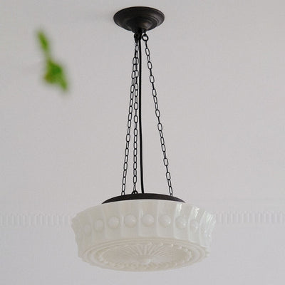 French Vintage White Jade Glass Stripes Round Drum LED Semi-Flush Mount Ceiling Light