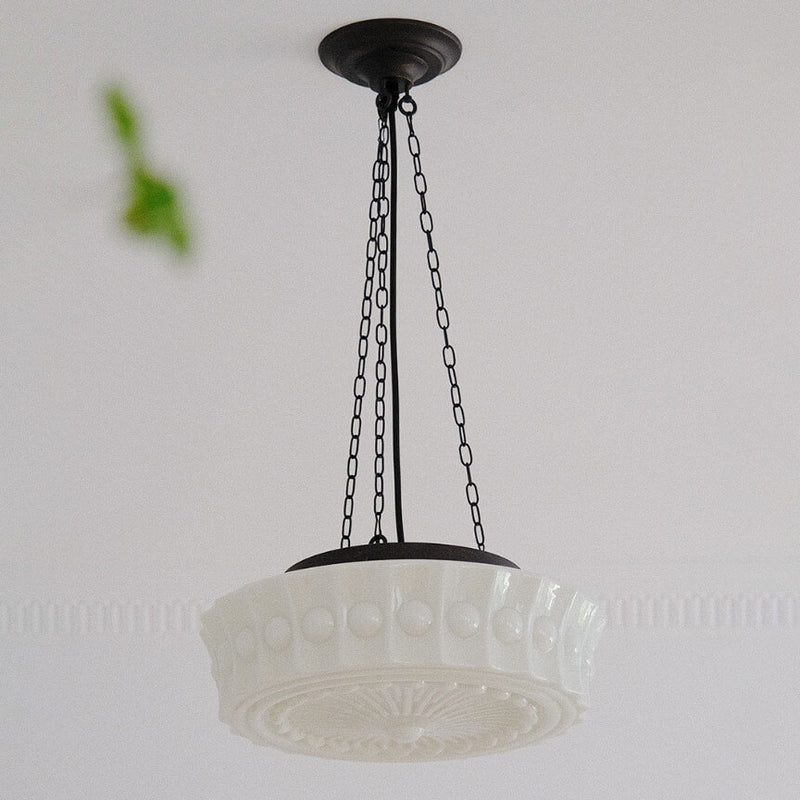 French Vintage White Jade Glass Stripes Round Drum LED Semi-Flush Mount Ceiling Light
