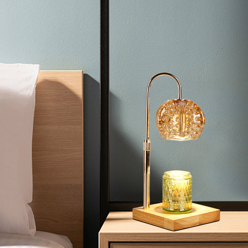 Lámpara de mesa de cera derretida de 1 luz regulable con base cuadrada y bola redonda de madera, hierro y vidrio de simplicidad moderna para mesita de noche 