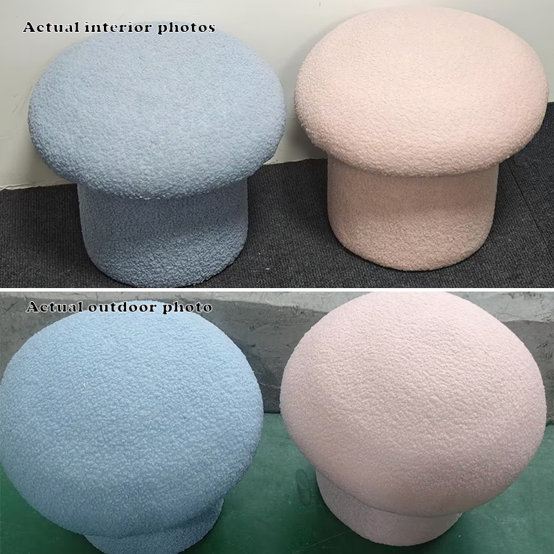 Moderner minimalistischer Zylinder-Hocker in Pilzform aus Sherpa-Fleece und Holz für den Schminktisch im Schlafzimmer 
