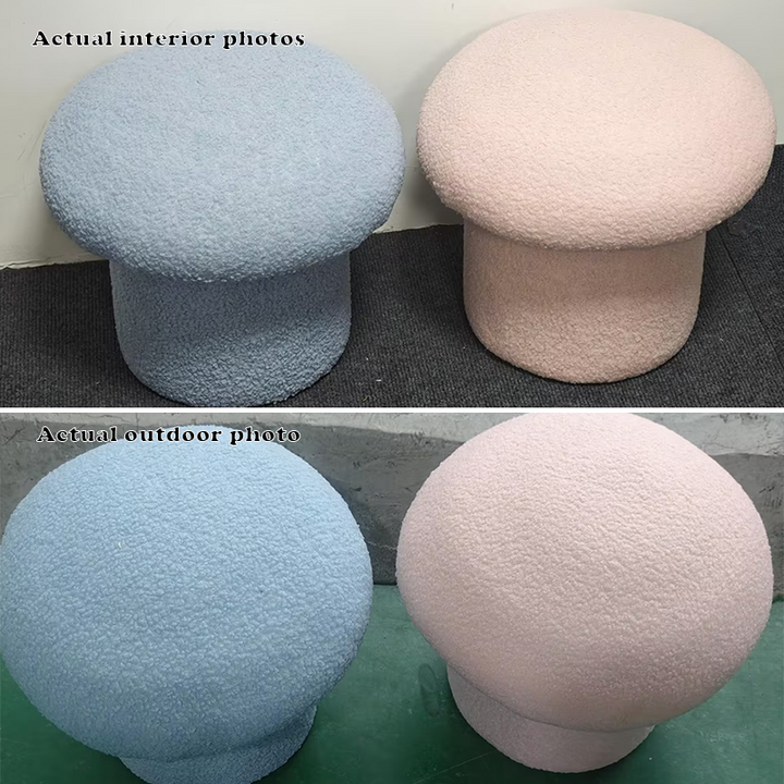 Moderner minimalistischer Zylinder-Hocker in Pilzform aus Sherpa-Fleece und Holz für den Schminktisch im Schlafzimmer 