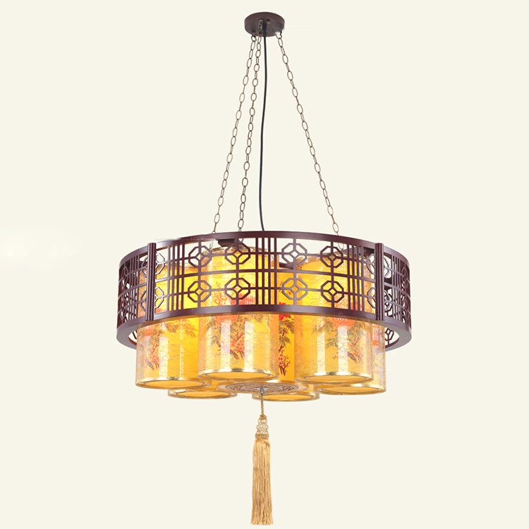 Lustres Traditionnels Chinois en Bois de Fer PVC Cylindre Rond Imprimé 7/9/11 Lumières pour Salle à Manger 