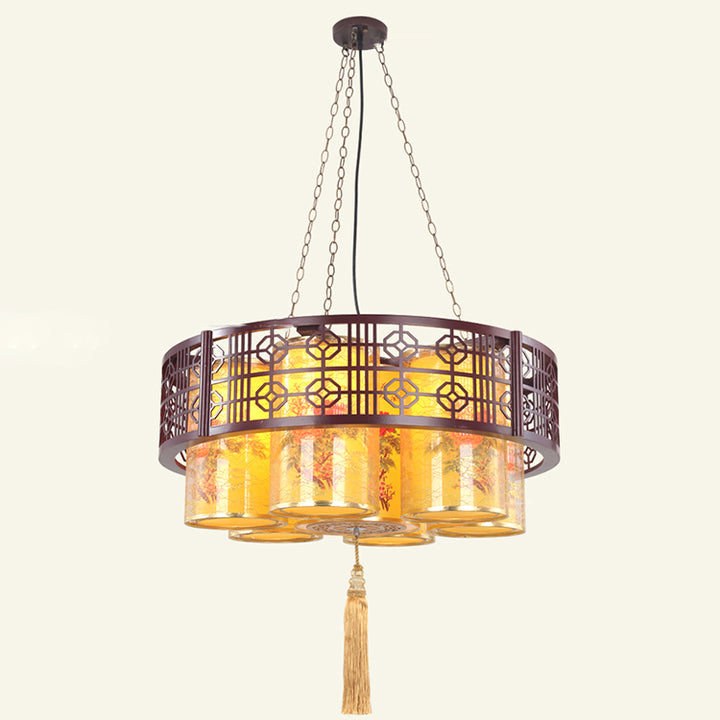 Lustres Traditionnels Chinois en Bois de Fer PVC Cylindre Rond Imprimé 7/9/11 Lumières pour Salle à Manger 