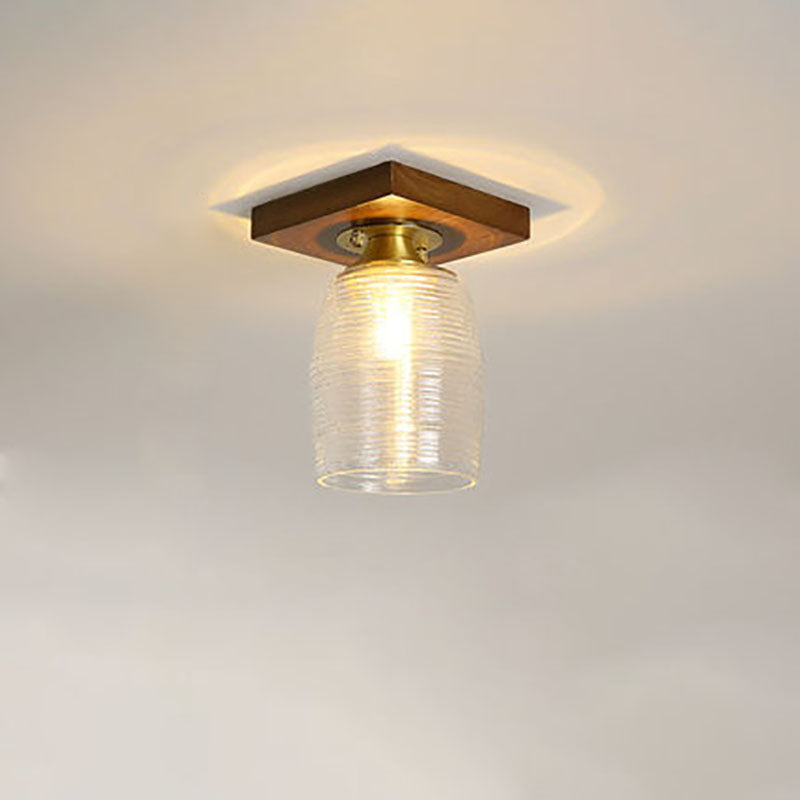 Modern Transitional Glass Cup Shape Solid Wood 1-Light Semi-Flush Mount Ceiling Light For Living Room