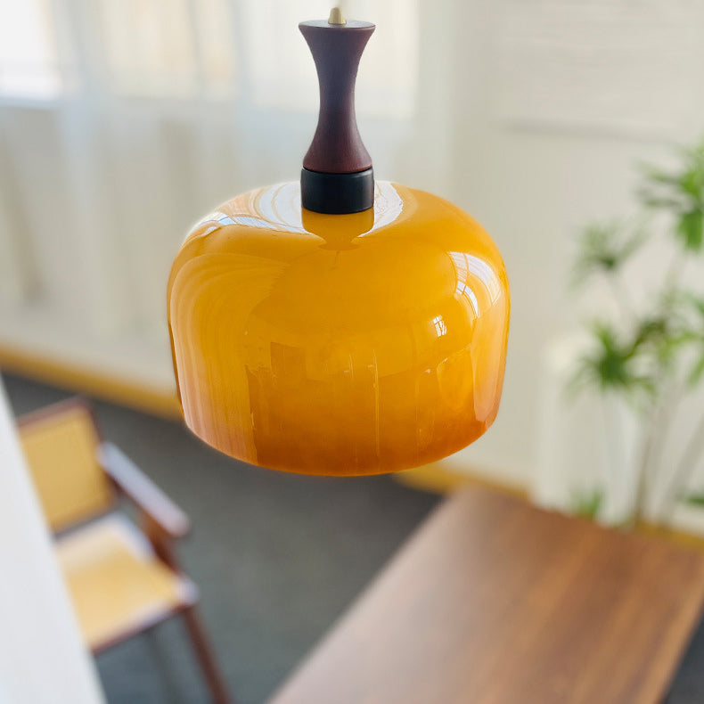 Lámpara colgante de 1 luz, tradicional, vintage, redonda, de madera y vidrio, cilindro redondo, para sala de estar 