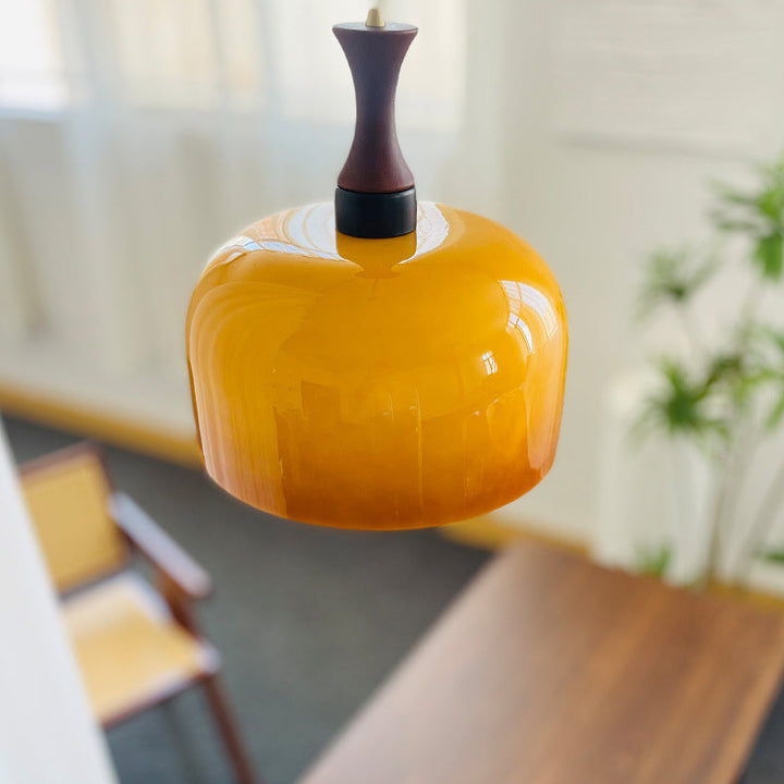 Traditional Vintage Round Oak Wood Glass Round Cylinder 1-Light Pendant Light For Living Room