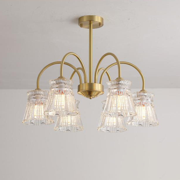 Zeitgenössische Retro gebogene Stange Blume Tasse Kupfer Glas 3/5/6 Licht Kronleuchter für Wohnzimmer 