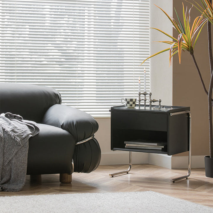 Table de nuit contemporaine scandinave rectangulaire en bois massif inox et verre 1 tiroir pour chambre 