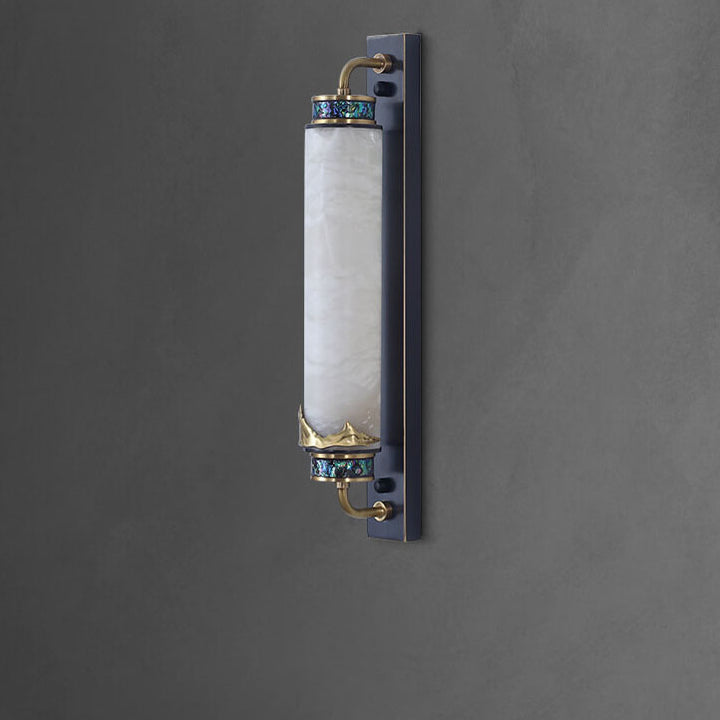 Traditional Chinese Marble Copper Column Brass LED Wall Sconce Lamp for Living Room