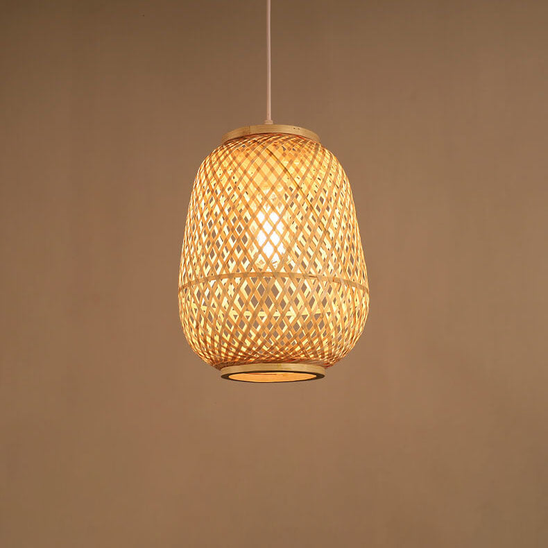Suspension Luminaire 1 Lumière en Forme de Cage Ovale en Bambou Contemporain pour Salle à Manger 
