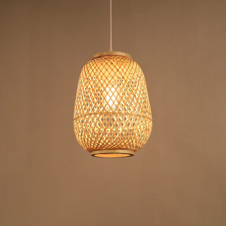 Contemporary Coastal Bamboo Weaving Oval Cage 1-Light Pendant Light For Dining Room