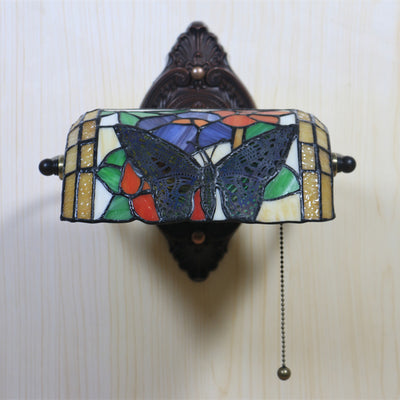 Traditional Tiffany Butterfly Half Cylinder Zinc Stained Glass 1-Light Wall Sconce Lamp For Living Room