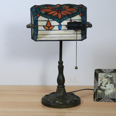 Tiffany Vintage Floral Peach Heart Stained Glass 1-Light Bank Table Lamp