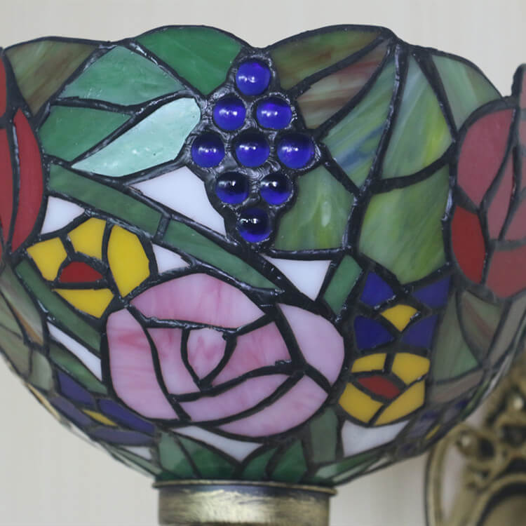 Vintage Tiffany Grape Flower Bowl Stained Glass 1-Light Wall Sconce Lamp