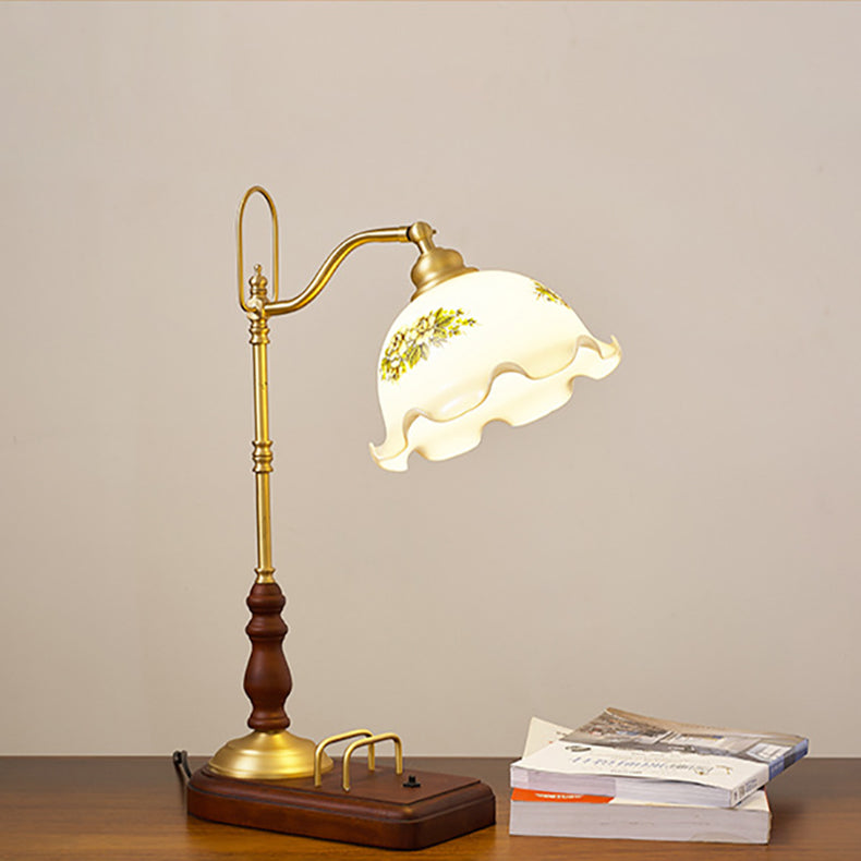 Lampe de Table Traditionnelle Rétro Florale en Bois Massif avec Verre Cuivre à 1 Lumière pour Chambre 