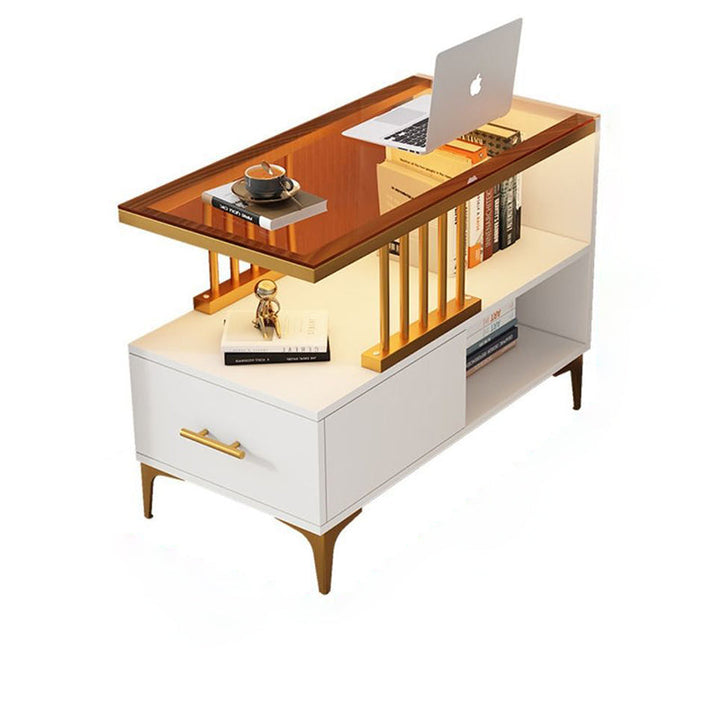 Rechteckiger Beistelltisch im zeitgenössisch-schlichten Design mit Glasplatte, 2-stufigem MDF-Schrank für das Wohnzimmer 