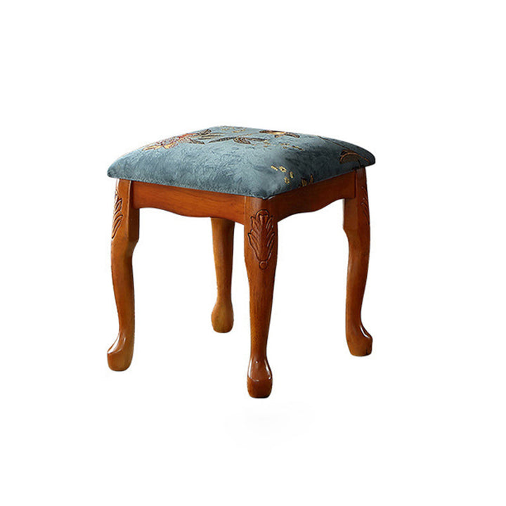 Traditional European Square Fabric Upholstered Rubberwood Carved Frame Vanity Stool For Bedroom