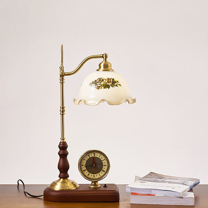 Lampe de Table Traditionnelle Rétro Florale en Bois Massif avec Verre Cuivre à 1 Lumière pour Chambre 