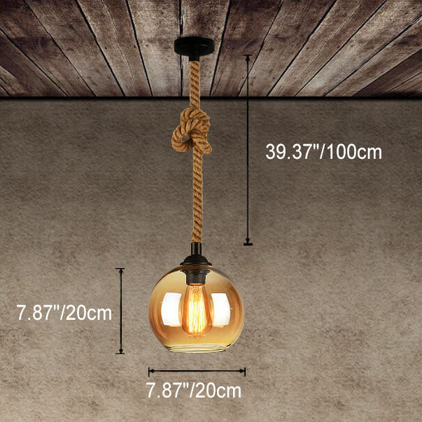 Luminaire suspendu globe en verre à 1 lumière suspendu à une corde rétro 