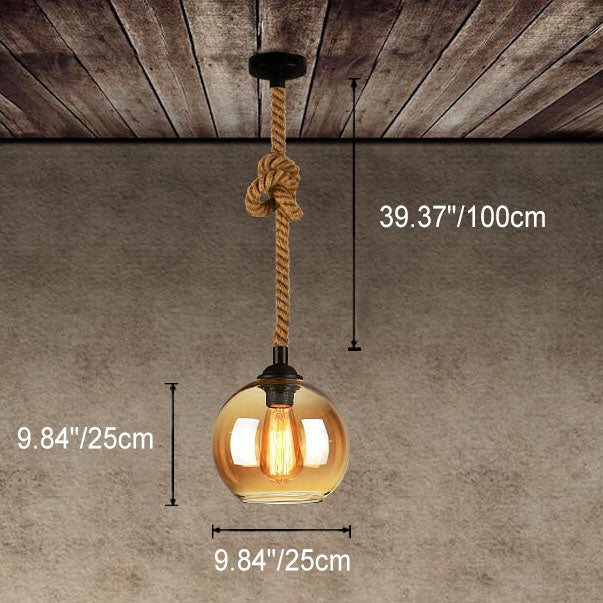 Luminaire suspendu globe en verre à 1 lumière suspendu à une corde rétro 