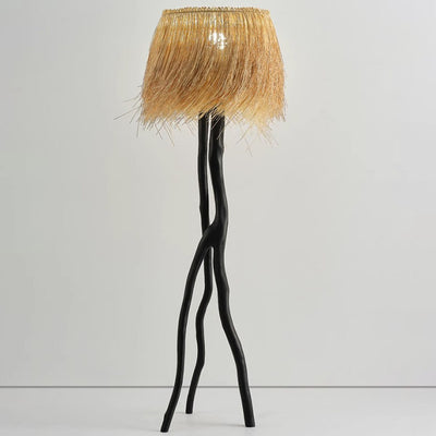 Lampe de sol 1 lumière avec base en résine de branche et abat-jour rond en tissage de bambou rustique traditionnel pour salles de divertissement 