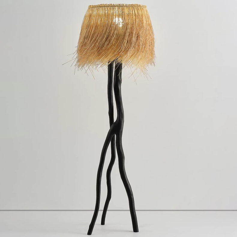 Lampe de sol 1 lumière avec base en résine de branche et abat-jour rond en tissage de bambou rustique traditionnel pour salles de divertissement 