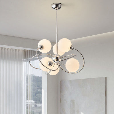 Moderner Mid-Century Kronleuchter mit milchweißem Glasball und Chromring, 6-Licht für Wohnzimmer 