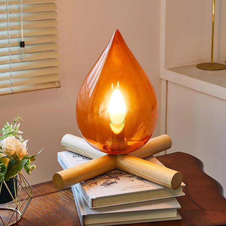Lámpara de Mesa de 1 Luz de Madera Maciza con Vidrio y Llama Creativa Contemporánea para Dormitorio 