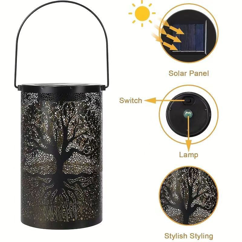 Traditional Farmhouse Solar Waterproof Iron Cylinder Tree Hollowed LED Hanging Landscape Lighting Outdoor Light For Garden