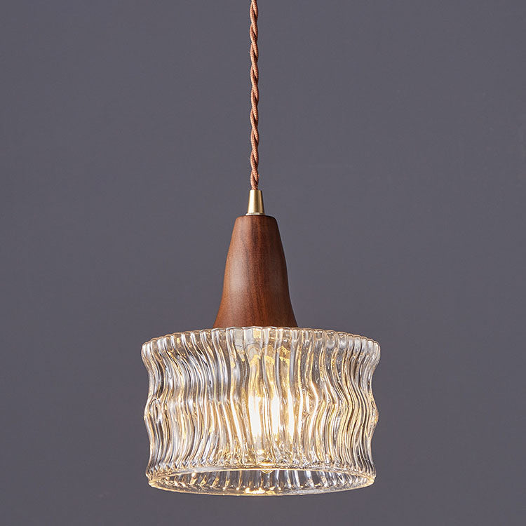 Modern Transitional Walnut Brass Round Glass Shade 1-Light Pendant Light For Living Room