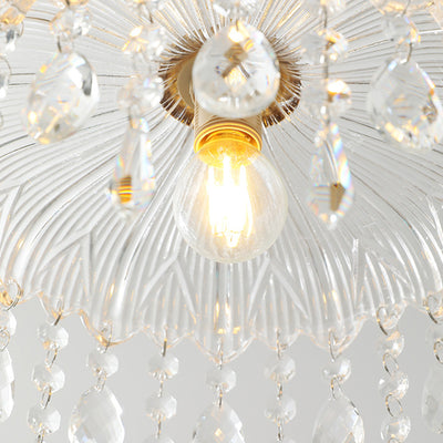 Traditionelle französische runde Deckenleuchte aus Eisen, Kupfer, Glas und Kristall, 1-flammig, halbbündige Montage, für Schlafzimmer 