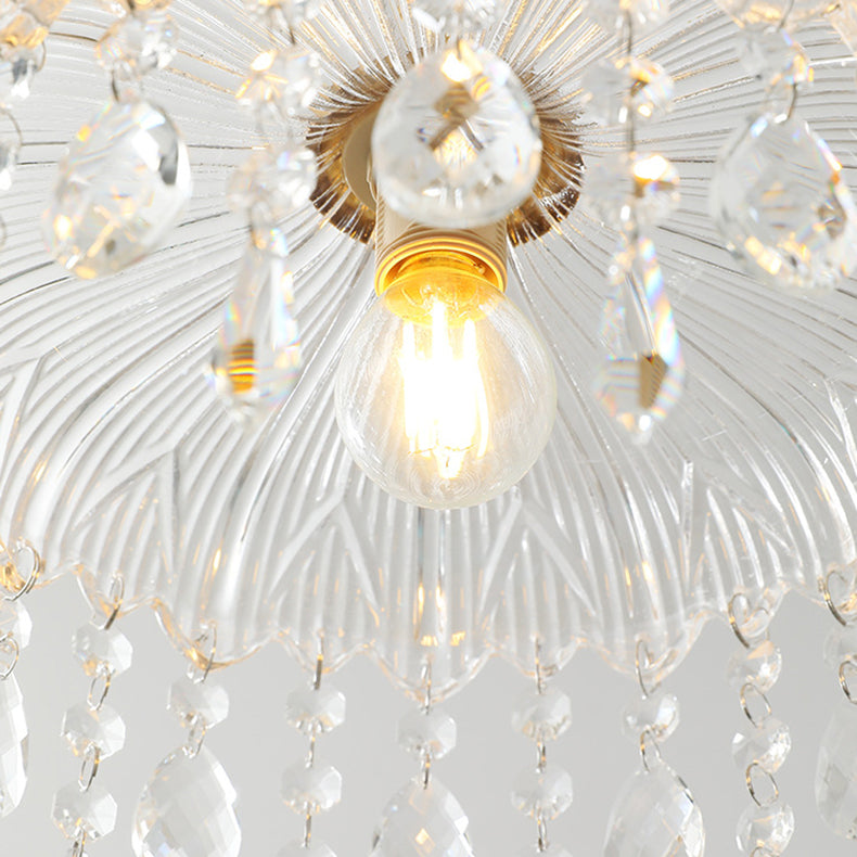 Traditionelle französische runde Deckenleuchte aus Eisen, Kupfer, Glas und Kristall, 1-flammig, halbbündige Montage, für Schlafzimmer 