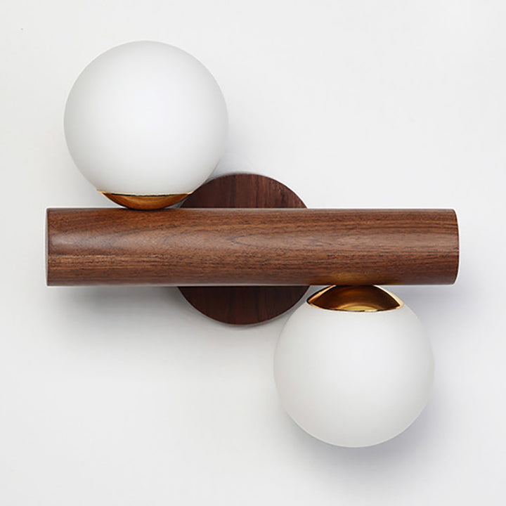 Traditional Japanese Metal Rubber Wood Walnut Glass Cylinder Strip Ball 2-Light Wall Sconce Lamp For Bedside