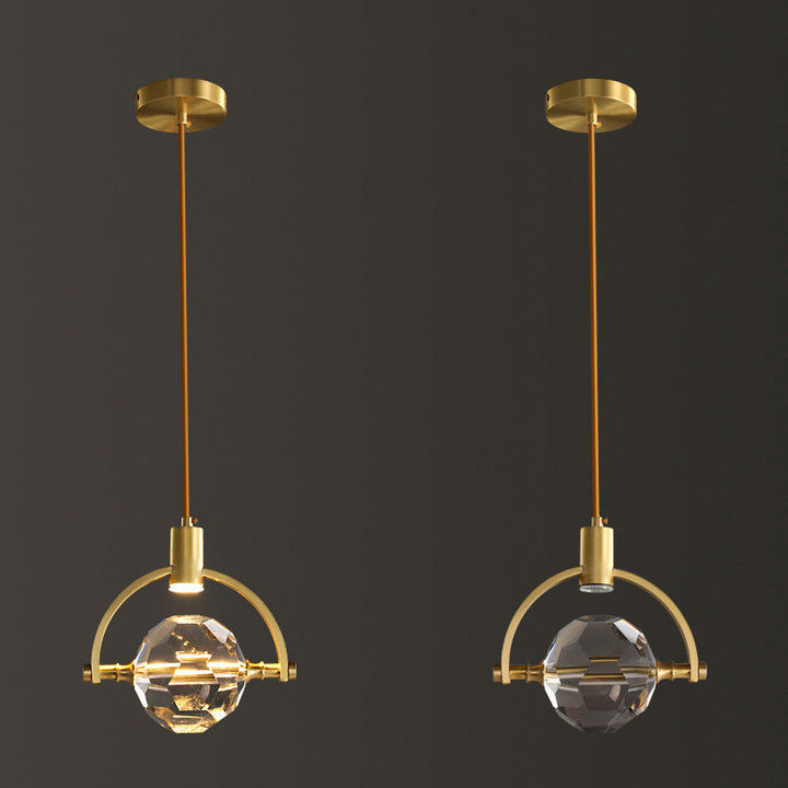 Modern Luxury Full Copper Circle Ring Crystal Ball 1-Light Pendant Light For Living Room