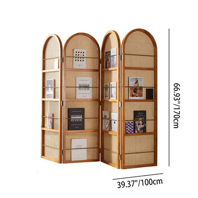 Contemporary Retro Rattan Ash Wood Finish Movable Corner Shelf Unit Foldable 2/3/4-Panel Room Divider Storage Shelves For Living Room