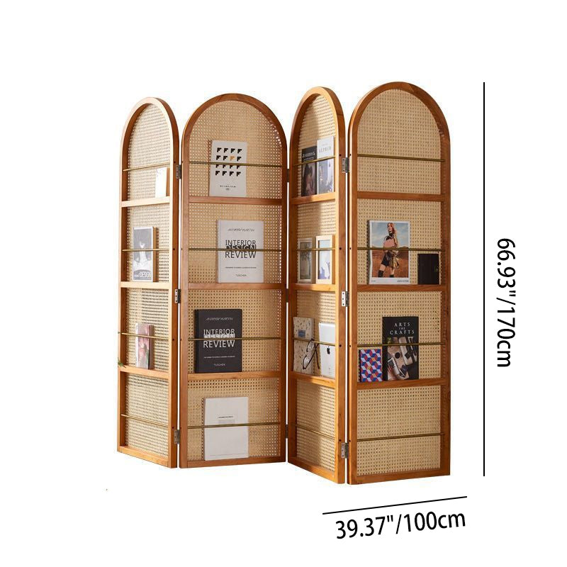 Contemporary Retro Rattan Ash Wood Finish Movable Corner Shelf Unit Foldable 2/3/4-Panel Room Divider Storage Shelves For Living Room
