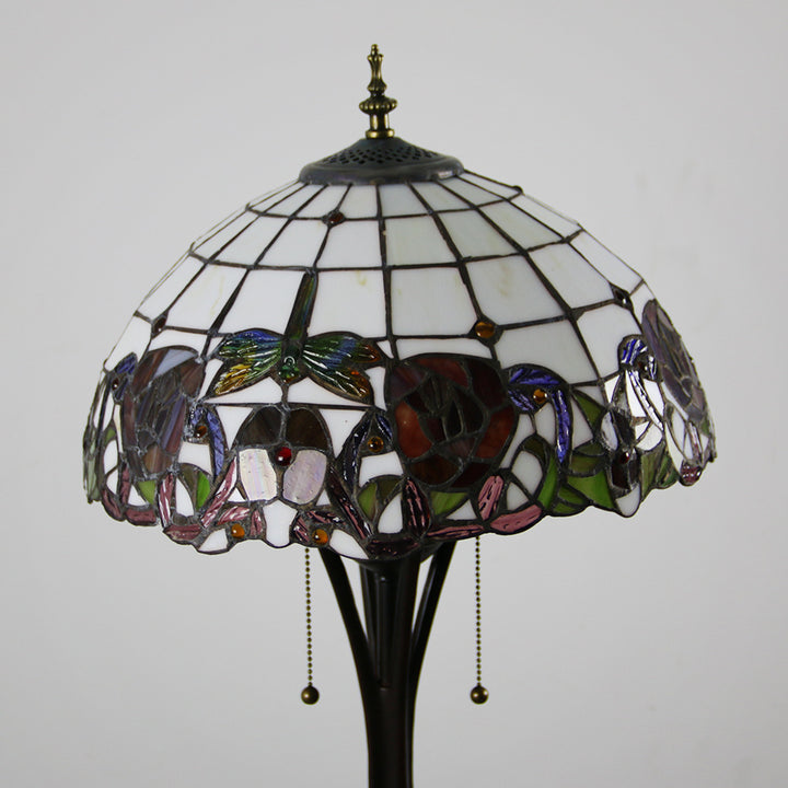Lampe de sol traditionnelle Tiffany en résine avec dôme semi-circulaire en verre, motif de vache et fleur en diamant à 2 lumières pour salle à manger 