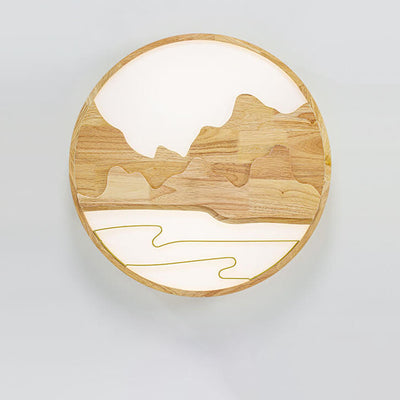 Modern Chinese Wooden Round Mountain Design LED Flush Mount Ceiling Light