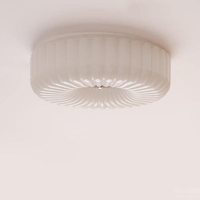 French Minimalist Cream Textured Glass Round LED Flush Mount Ceiling Light