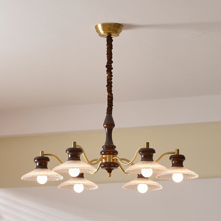 Lustres ronds en laiton vintage traditionnel, fer, bois de frêne, verre, à 3/6/8 lumières pour salle à manger 