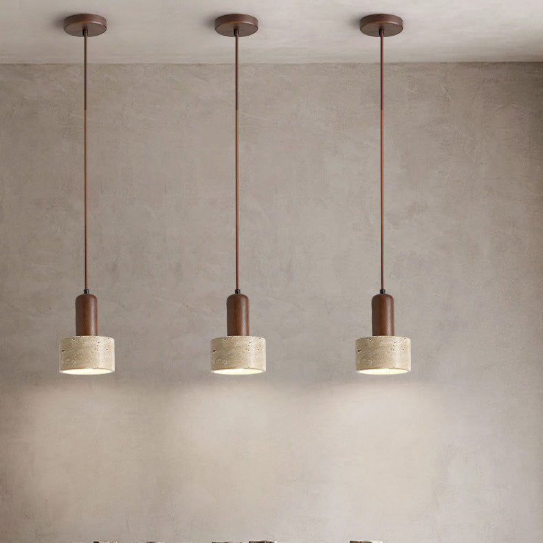 Lustre Suspendu 1 Lumière en Bois Massif Travertin Cylindre Vintage Traditionnel pour Chambre 