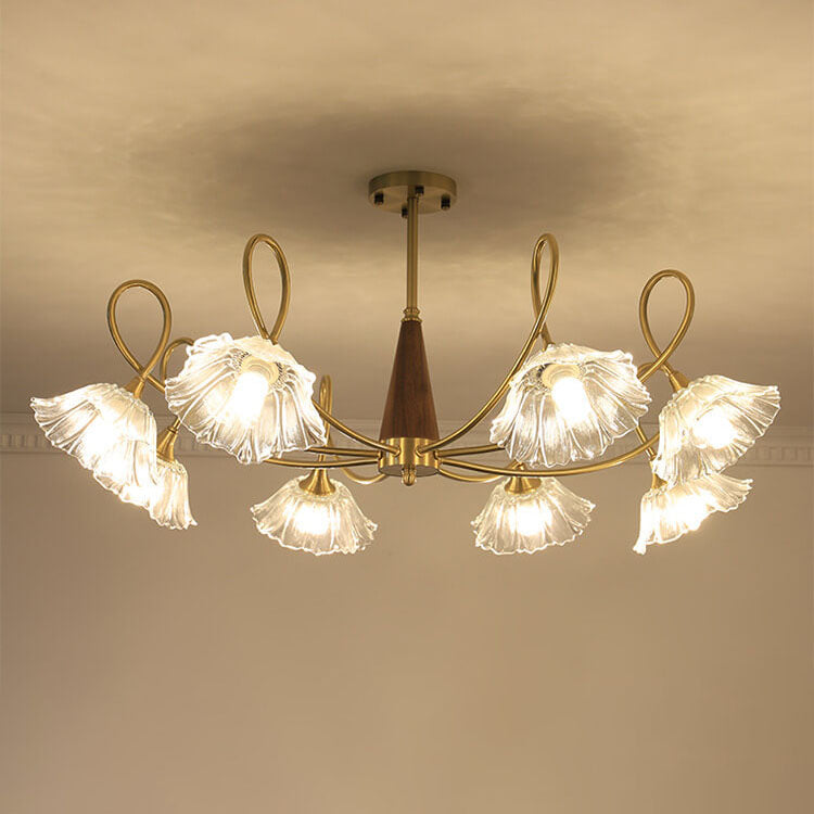 Lámpara de araña tradicional vintage de vidrio floral, madera y cobre con ramas de cristal de 3/6/8 luces para sala de estar 