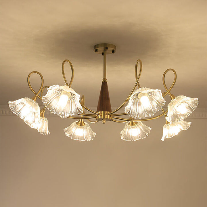 Lámpara de araña tradicional vintage de vidrio floral, madera y cobre con ramas de cristal de 3/6/8 luces para sala de estar 