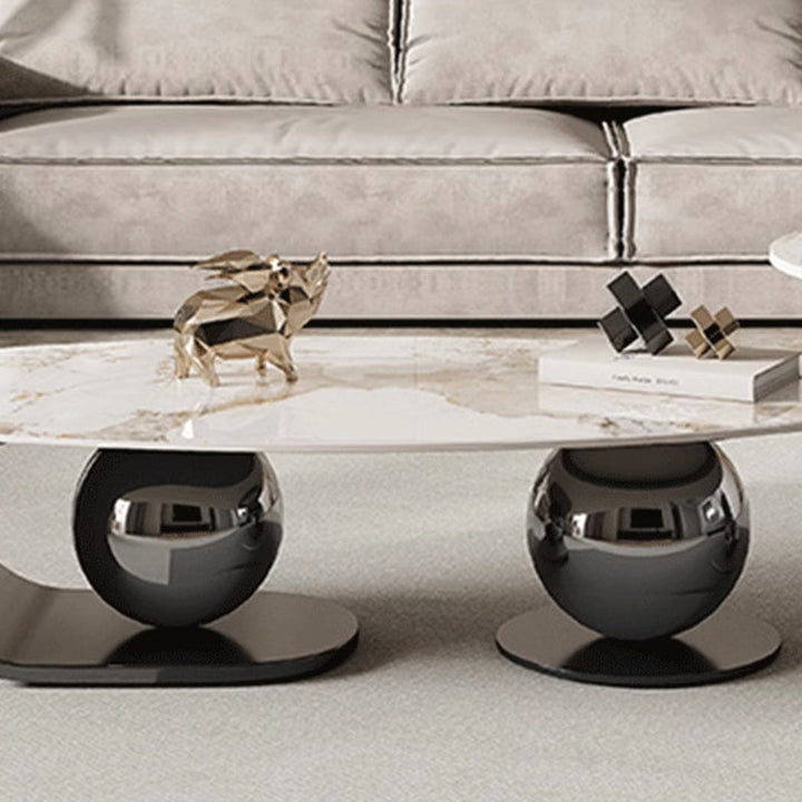 Table basse contemporaine nordique elliptique ronde en pierre de roche en acier inoxydable pour salon 